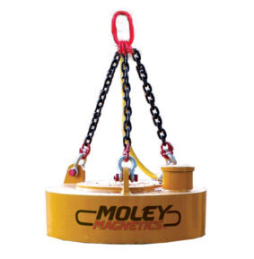 Yellow scrap yard magnet on chains